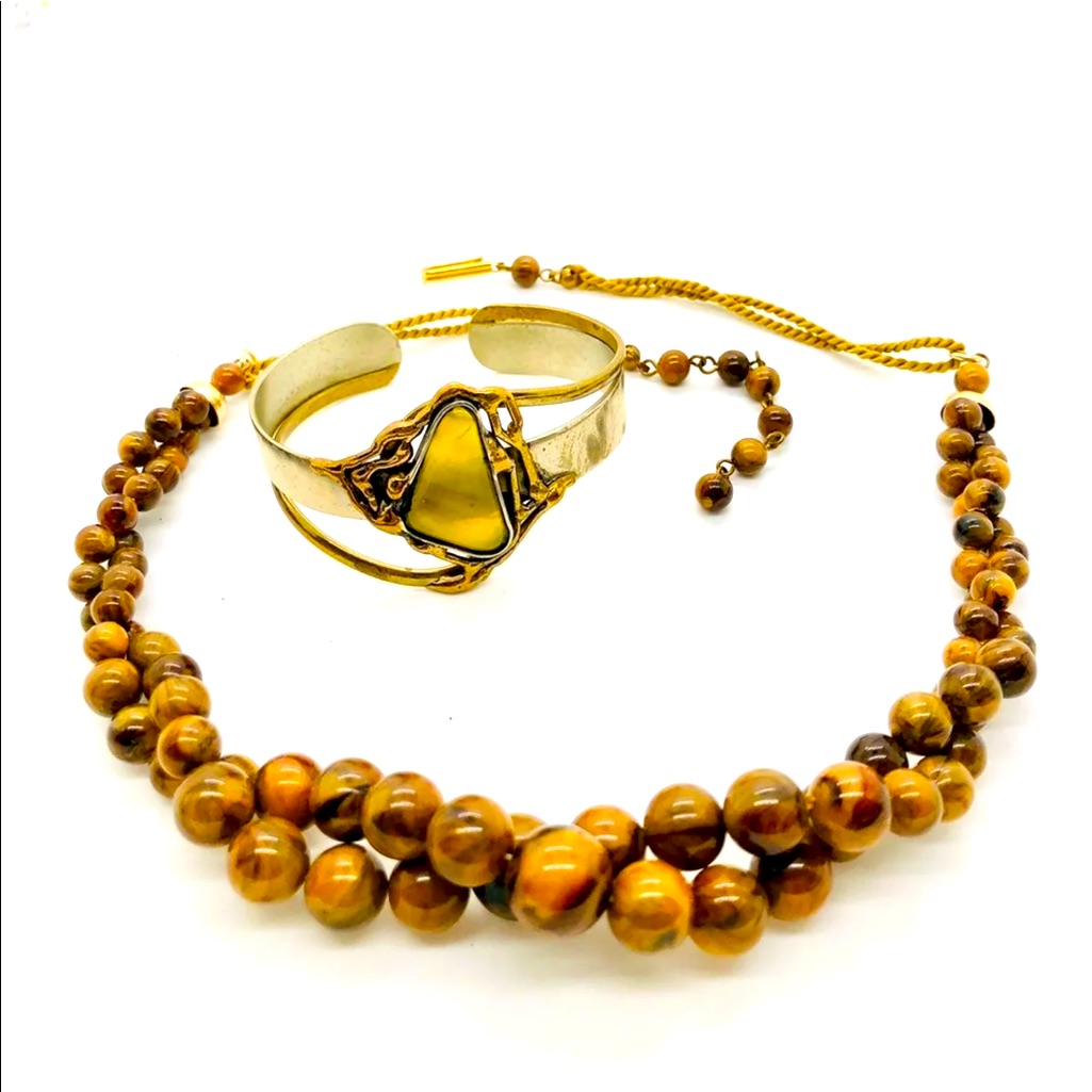 Vintage Marbled Bead German Necklace & Unique Metal Bracelet